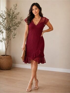 Chelsea28 Burgundy Lace Ruffle Hem Cocktail Dress Wedding Guest Midi Dress